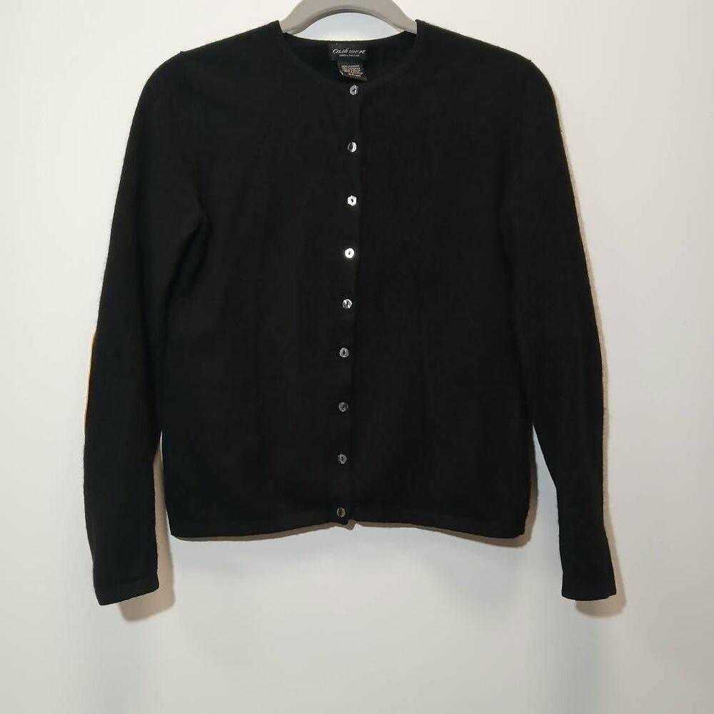 Lord Taylor womens small sweater 100% cashmere cardigan black leather patches - Picture 6 of 9